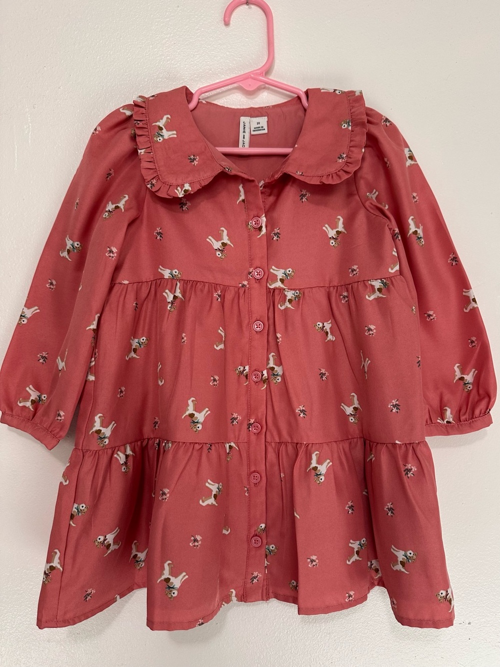 Janie and Jack Tiered Ruffle Dress w Dog Print -Coral